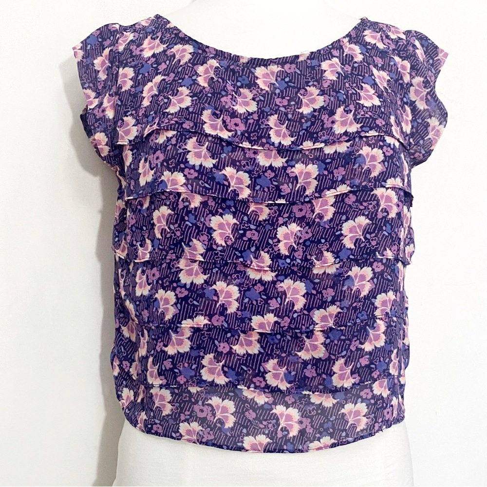 Decree Cropped Sheer Floral Ruffle Sleeve Tiered Front Blouse Top M